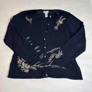 Koret‎ Cardigan Sweater Large With Embroidered Flowers Navy Blue ￼